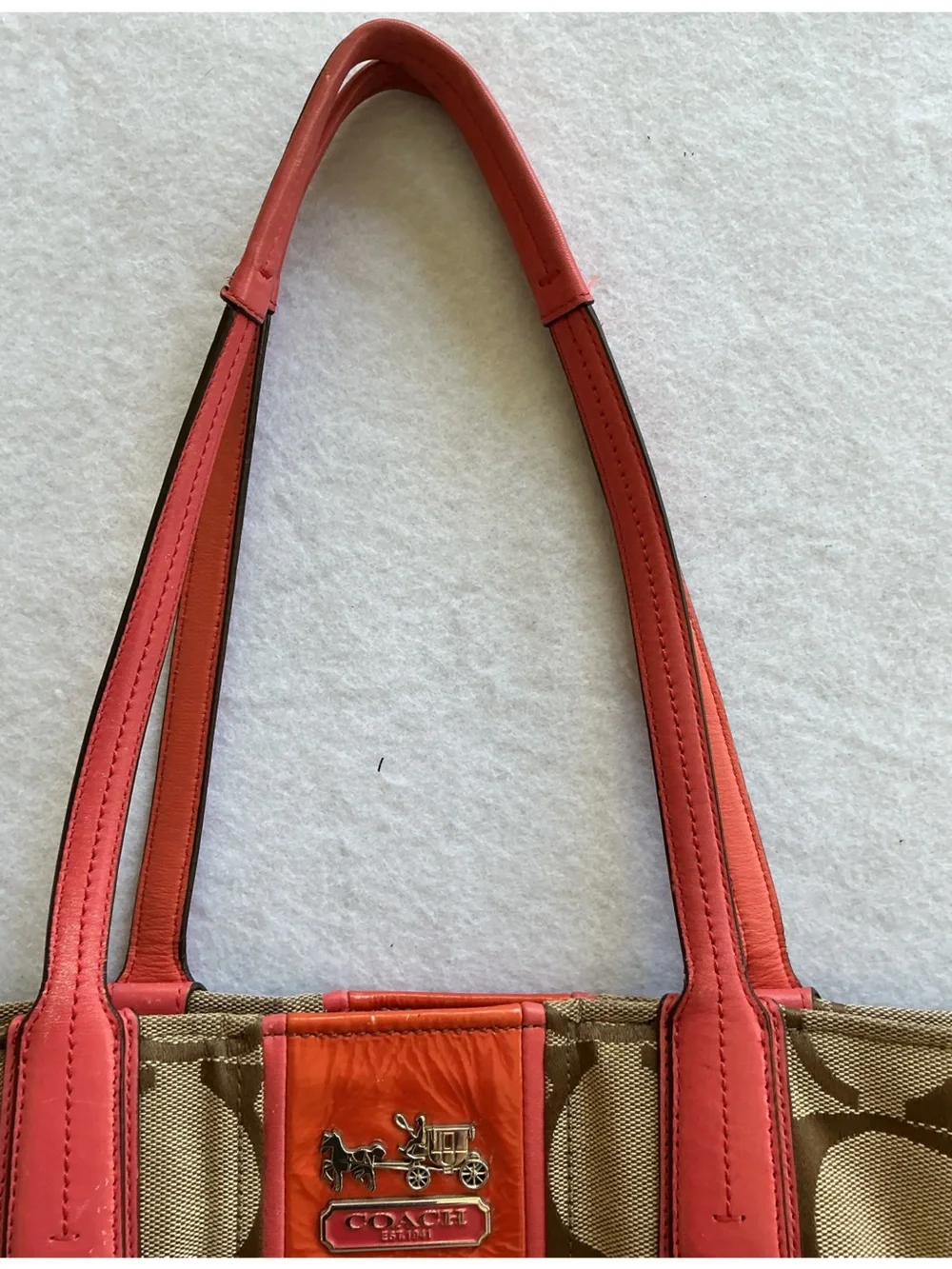Coach Chelsea Signature Stripe Charlie Tote Khaki Coral‎ Patent Leather Bag